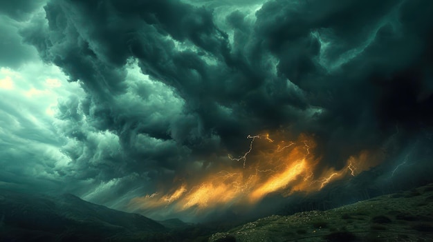 Dramatic scene of a thunderstorm over a mountain range showcasing the raw power and beauty of Earth