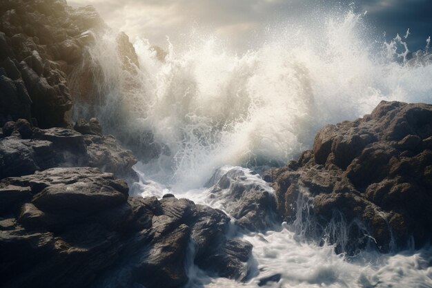 A dramatic scene of waves crashing against rocks Generative ai