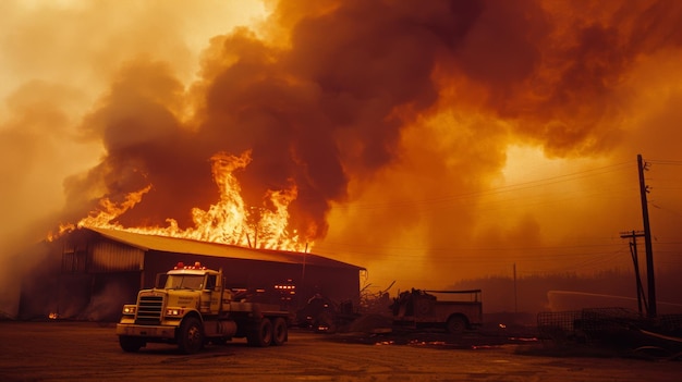 A dramatic scene with a large fire engulfing a building thick smoke swirls up into the sky and emergency vehicles parked nearby