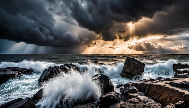 Photo dramatic seascape with stormy sky and dark clouds