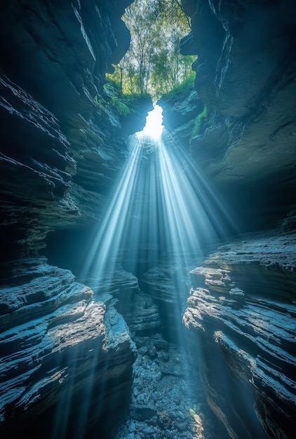 A dramatic shot of a cave entrance with light pouring in silhouetting the jagged rocks and creating a sense of mystery and adventure