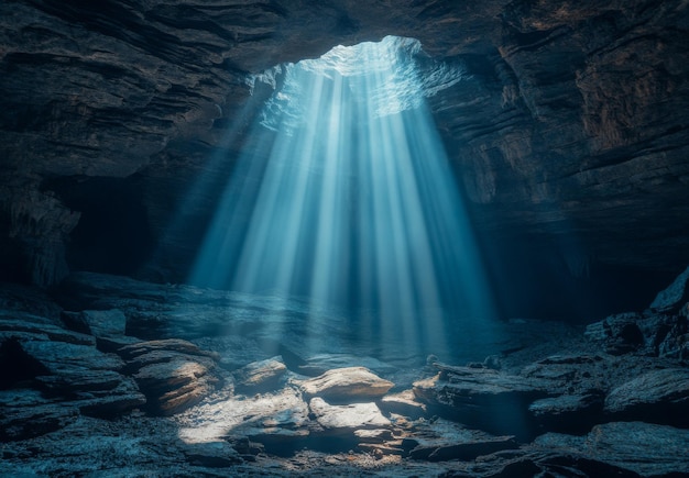 A dramatic shot of a cave entrance with light pouring in silhouetting the jagged rocks and creating a sense of mystery and adventure