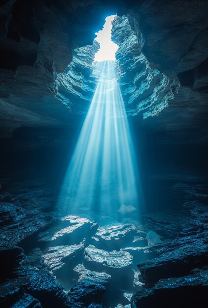 A dramatic shot of a cave entrance with light pouring in silhouetting the jagged rocks and creating a sense of mystery and adventure