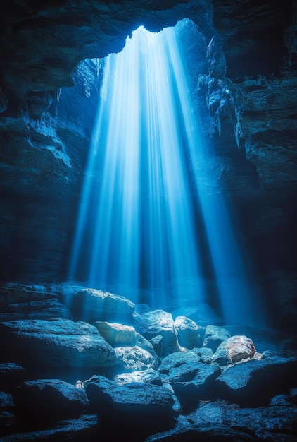 A dramatic shot of a cave entrance with light pouring in silhouetting the jagged rocks and creating a sense of mystery and adventure