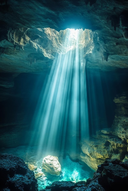 A dramatic shot of a cave entrance with light pouring in silhouetting the jagged rocks and creating a sense of mystery and adventure