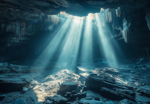 A dramatic shot of a cave entrance with light pouring in silhouetting the jagged rocks and creating a sense of mystery and adventure