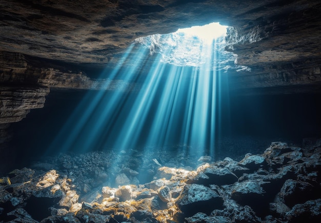 A dramatic shot of a cave entrance with light pouring in silhouetting the jagged rocks and creating a sense of mystery and adventure