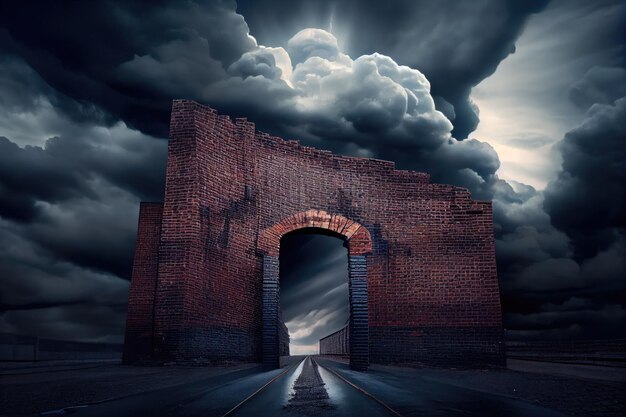 A dramatic shot of an industrial brick wall with a stormy sky in the background