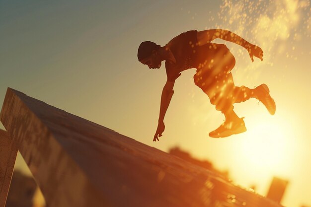 Dramatic shot of a parkour runner midair capturing