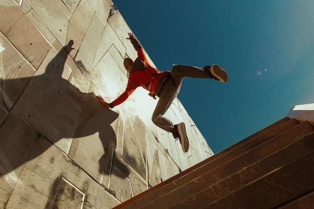 Dramatic shot of a parkour runner midair capturing