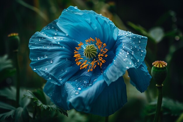 Photo dramatic shot of rare blue poppy against a background