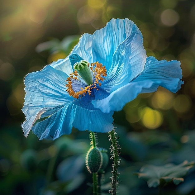 Photo dramatic shot of rare blue poppy against a background