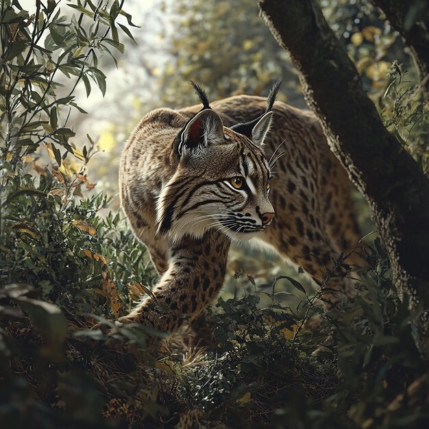 Photo dramatic shot of a rare iberian lynx stalking its prey