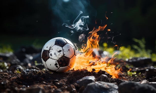 Dramatic shot of soccer ball hits net for a goal in fire