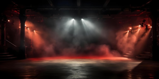 Dramatic Show Backdrop Red Spotlight on Empty Stage with Smoke Concept Stage Lighting Theatrical Set Design Special Effects Dramatic Atmosphere