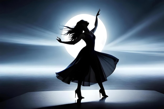 A dramatic silhouette of a dancer gracefully performing under a spotlight resembling the moon