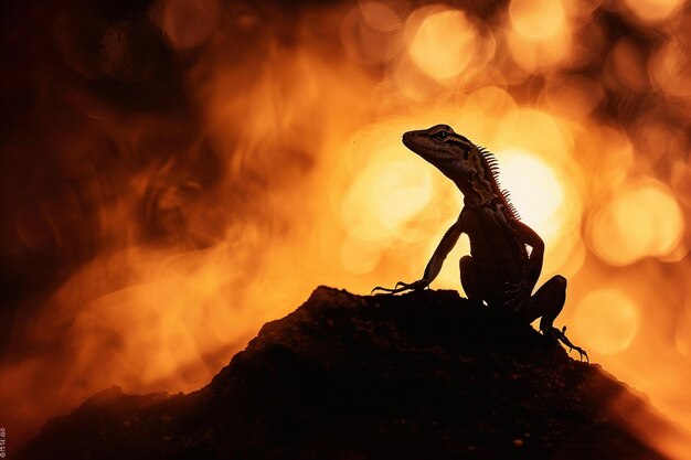 A dramatic silhouette of a lizard against the fier generative ai