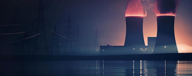 Photo dramatic silhouette of nuclear power plant at dusk industrial landscape with cooling towers