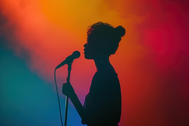 A dramatic silhouette of a passionate singer performing holding a microphone against a vibrant backd