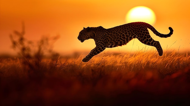 Dramatic silhouette of a powerful spotted leopard leaping forward across a serene golden hued steppe landscape captured at sunset or sunrise The big cat s agile motion and sleek