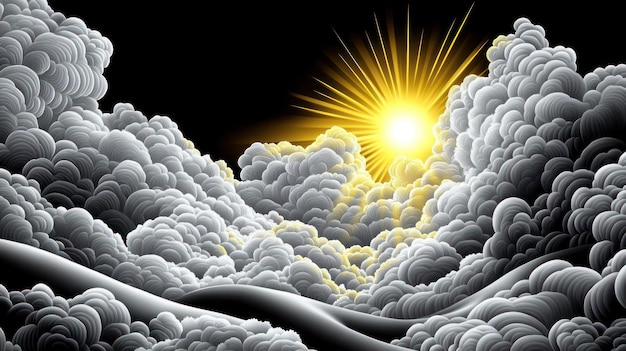 A dramatic sky filled with clouds and a bright sunburst evoking a sense of wonder