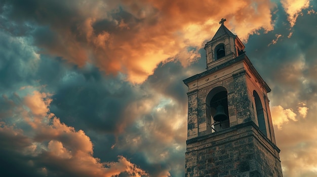 Dramatic Sky Historic Church Bell Tower Tall Clock Tower Cloudy Sky