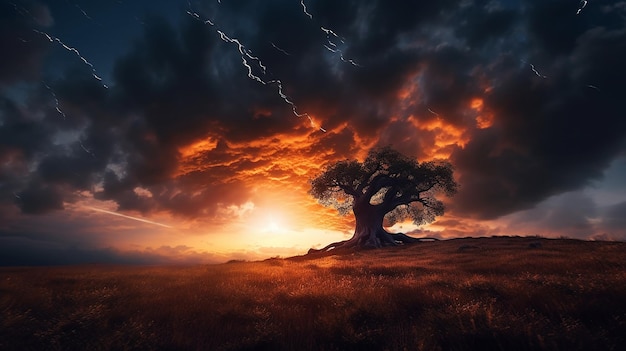 Dramatic sky over old lonely tree Generative AI