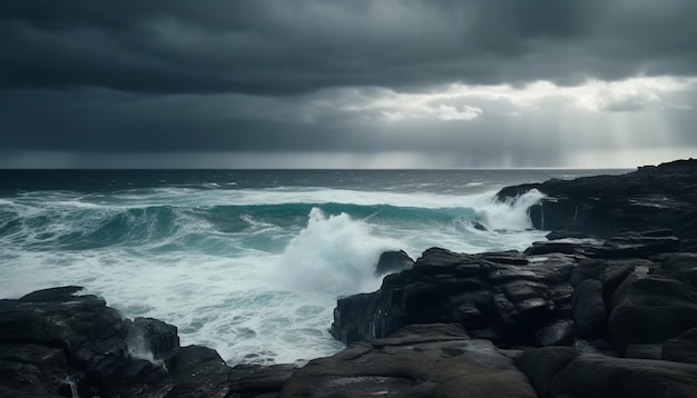 Dramatic sky over rocky coastline crashing waves spray foam generated by artificial intelligence