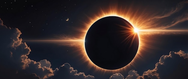 Dramatic solar eclipse with the sun and moon creating a glowing celestial phenomenon