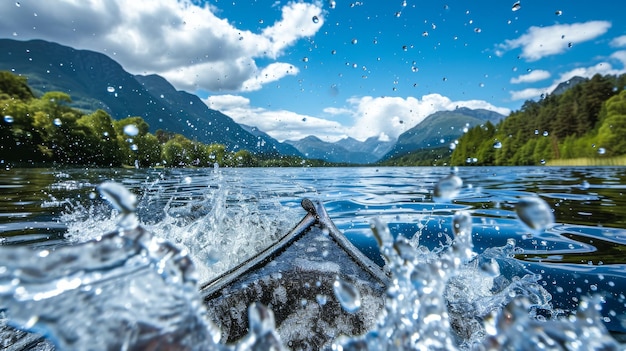 A dramatic splash erupts as a paddle pierces the surface of a serene lake