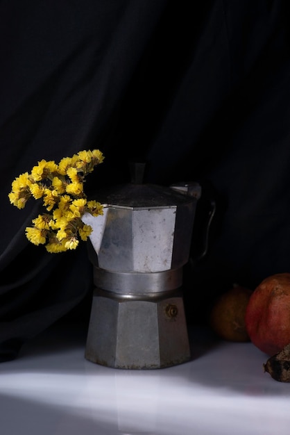 Dramatic spring still life with yellow flowers on a whiteblack background