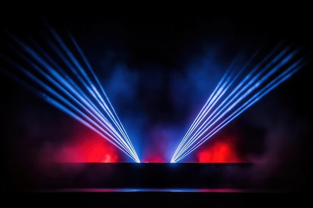 Dramatic stage lighting with blue and red beams cutting through smoke creating an electrifying atmosphere for events