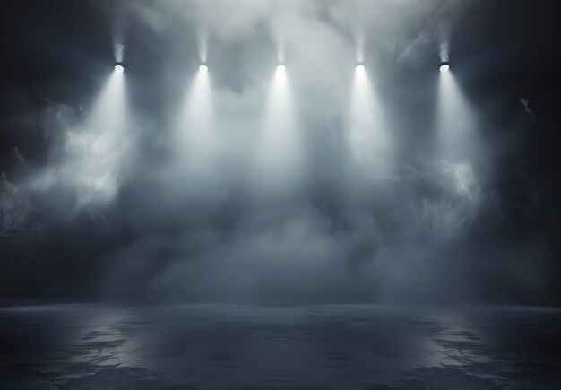 A dramatic stage with spotlights creating an atmosphere of mystery and intrigue