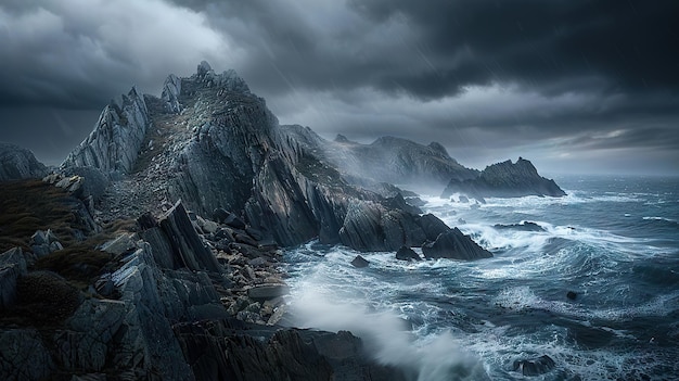 Dramatic Stormy Seascape with Rocky Cliffs