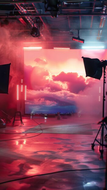 Photo dramatic studio setup with vibrant clouds and colorful lighting during evening hours