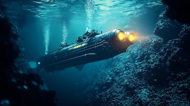 Dramatic Submarine Diving into DeepSea Trench for Underwater