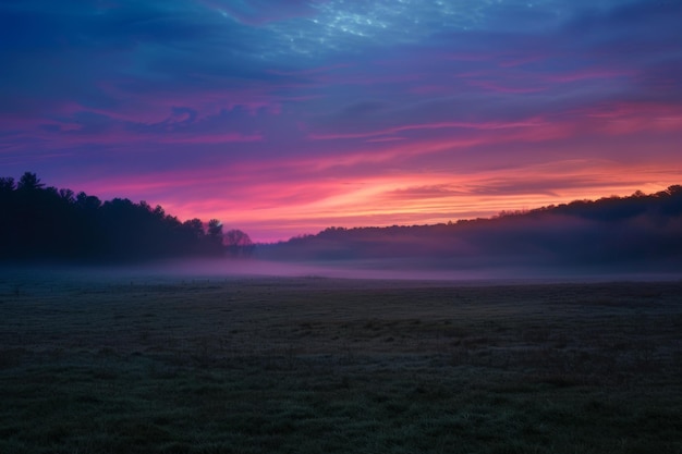 Photo dramatic sunrise over misty forest landscape