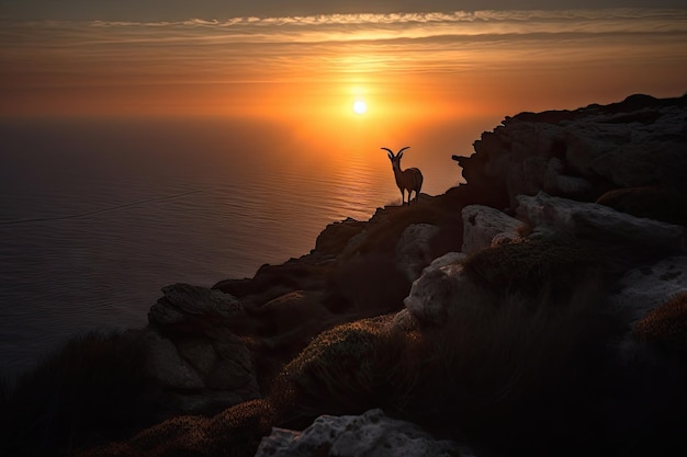 Dramatic sunrise with the sun peeking over the horizon illuminating a cliffside ibex and its surrounds created with generative ai