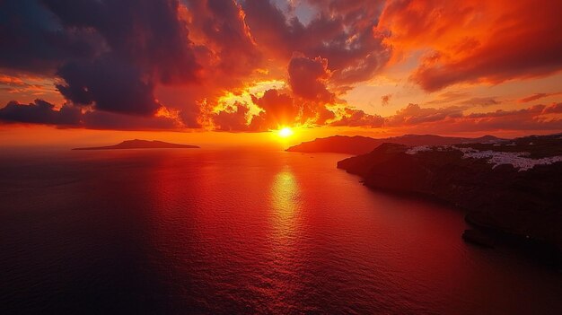 Dramatic Sunset Over the Aegean Sea with Volcanic Cliffs