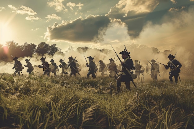 A dramatic sunset battlefield scene featuring soldiers in historic uniforms advancing through a smoky grassy field