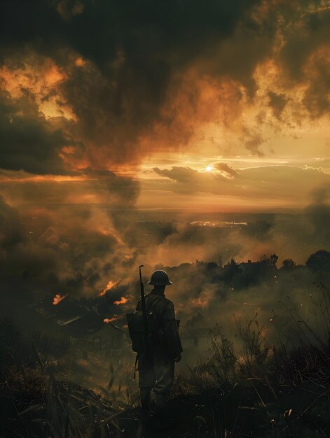 Photo dramatic sunset over burning battlefield in cinematic landscape