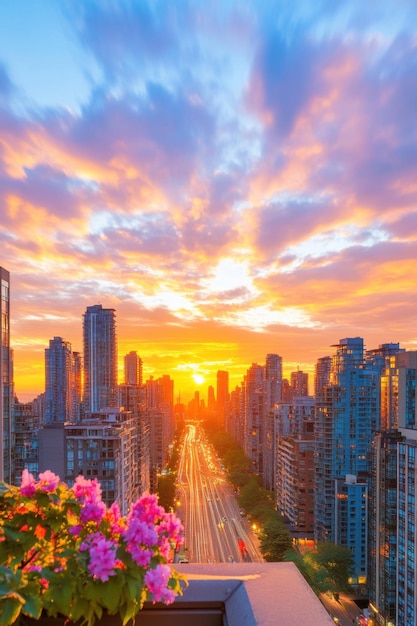 Dramatic sunset over city skyline with golden light streaming down urban avenue