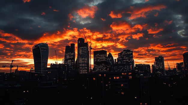 Photo a dramatic sunset over the london skyline with vibrant orange and red clouds