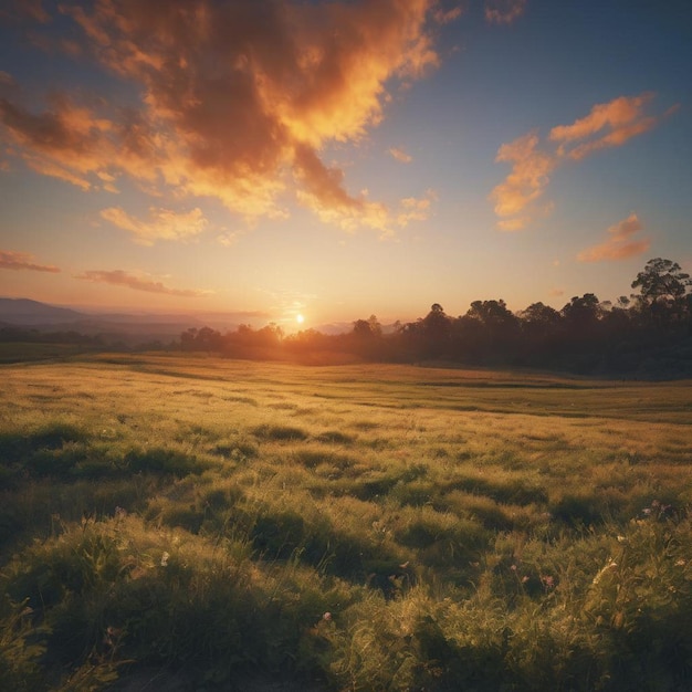 Dramatic sunset over a meadow with grass and trees