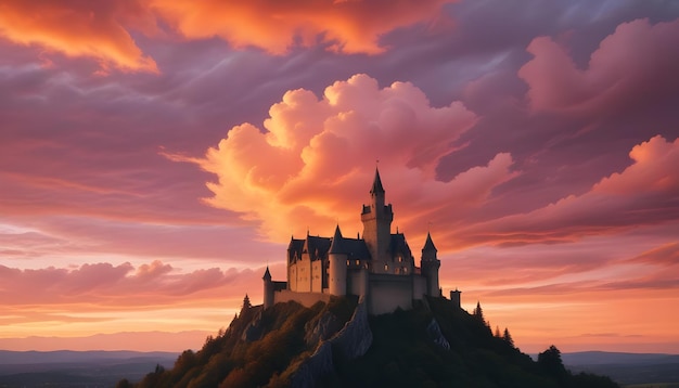 Photo dramatic sunset medieval castle on hilltop with pink and orange sky