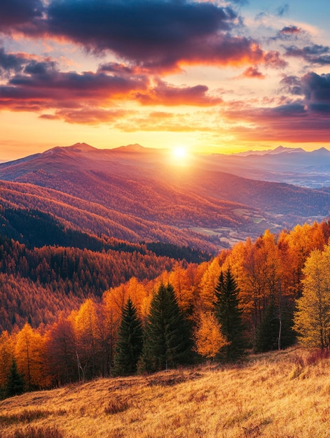 Photo dramatic sunset panoramic autumn view on mountain discover tourism in a colorful autumn landscape