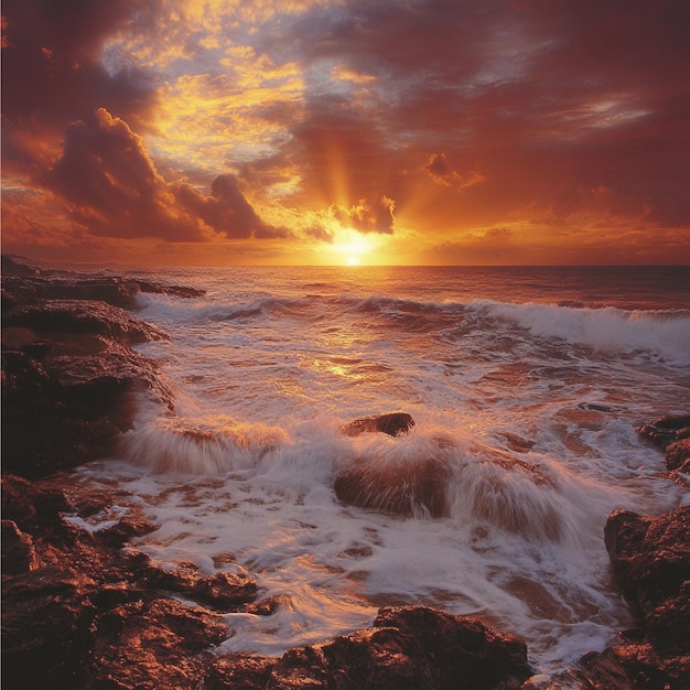 A dramatic sunset over a rocky coastline with crashing waves