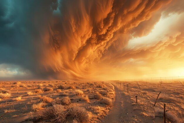 Dramatic Sunset Sky Over Desert Landscape with Intense Cloud Formation and Golden Light