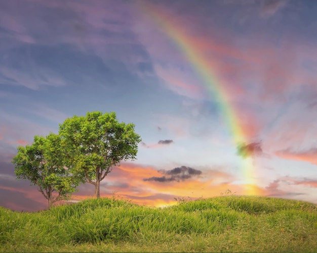 dramatic sunset sky green field and trees nature landscape