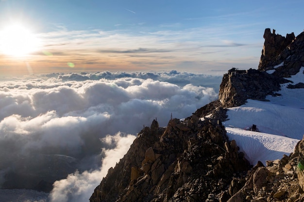 Dramatic sunset sky over the Rogues Alps View from the Cosmique refuge Chamonix France Perfect moment in alpine highlands